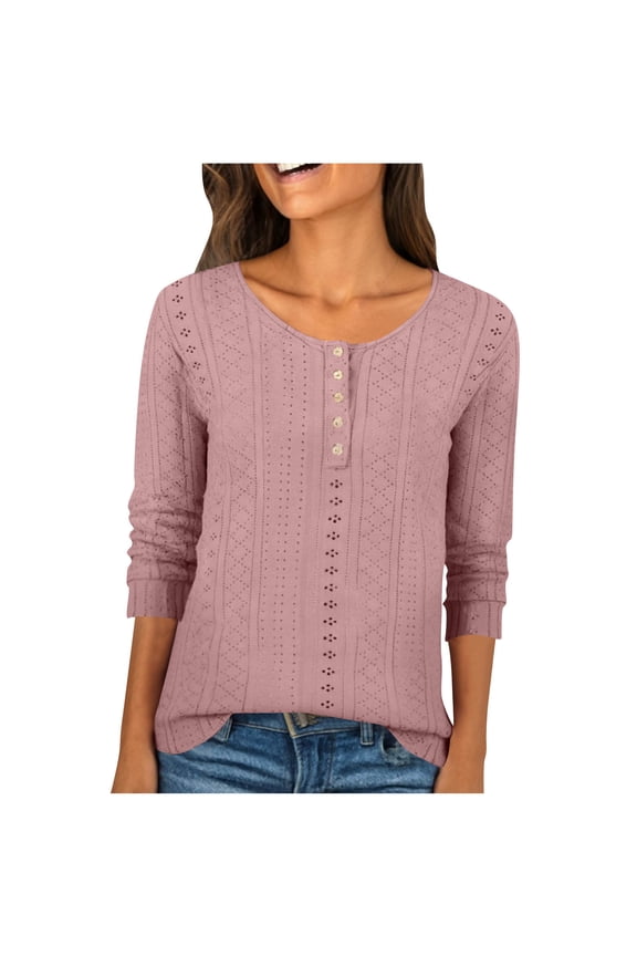 Long Sleeve Shirts for Women Trendy Button down Eyelet Hollow out Scoop Neck Blouse Dressy Casual Basic Tee Tops