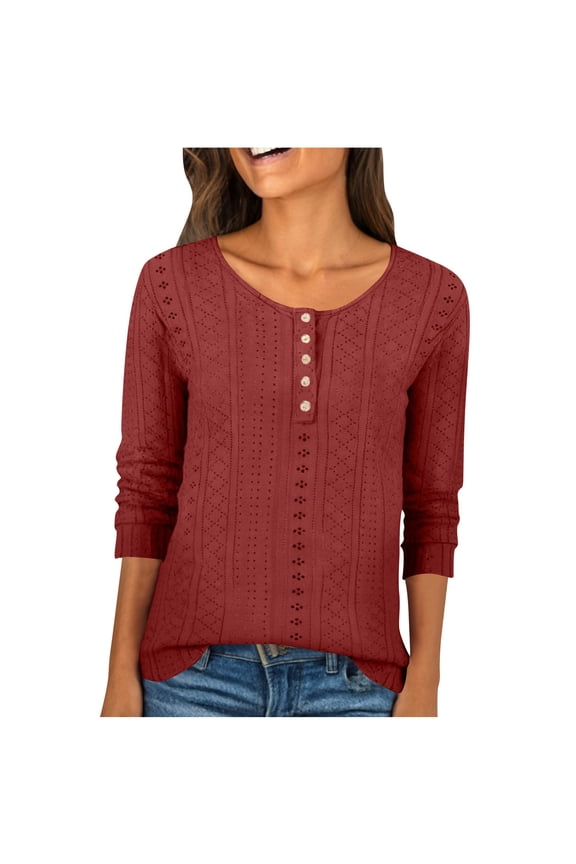 Long Sleeve Shirts for Women Trendy Button down Eyelet Hollow out Scoop Neck Blouse Dressy Casual Basic Tee Tops