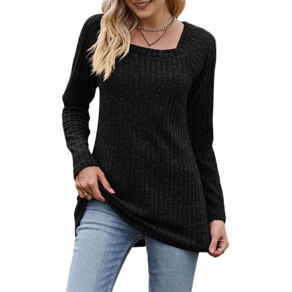 Long Sleeve Shirts for Women Trendy Casual Square Neck TopsSweaters Black XXL