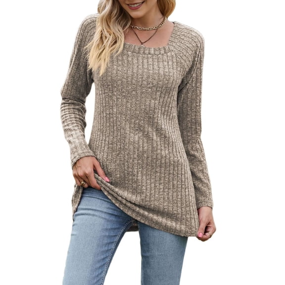 Long Sleeve Shirts for Women Trendy Casual Square Neck TopsSweaters Khaki L