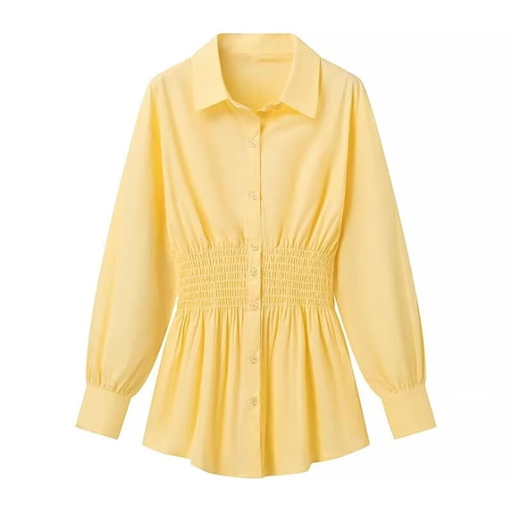 Long Sleeve Shirts for Women Trendy Solid Button Down Blouses Fall Fashion Lapel Neck Loose Pleated Cute Tops Fall Outfits for Women 2026