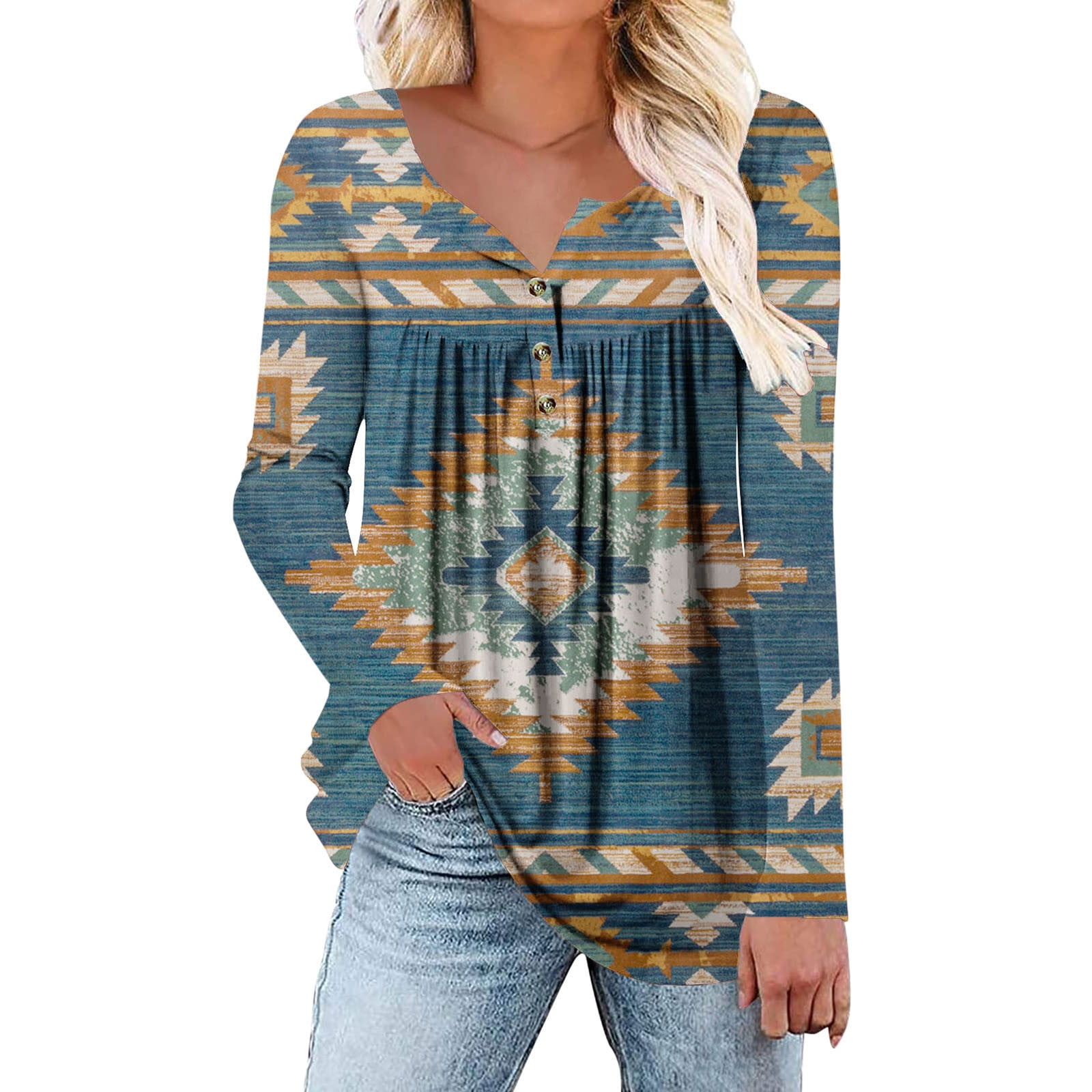 Long Sleeve Shirts for Women Trendy Western Aztec Print Pleated Button Crew  Neck Blouses Ethnic Style Casual Loose Tunic T-Shirts Tops