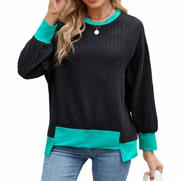 Long Sleeve Shirts for Women Tunic Tops Loose Fit Cute Casual Color Block Ribbed Knit Tops Sweaters Black S