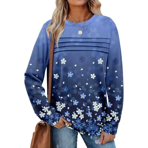 Long Sleeve Shirts for Women Tunic Tops Trendy Smocked Fitted Floral Tshirts Dressy Casual Elegant Basic Cute Blouse 03-Dark Blue XXL