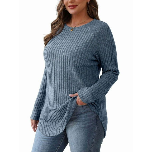 Long Sleeve Shirts for Women Tunic Tops for Women Loose Fit Dressy Crew Neck Pullover Basic Sweaters for Women Blue XL