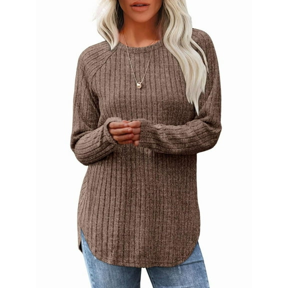 Long Sleeve Shirts for Women Tunic Tops for Women Loose Fit Dressy Crew Neck Pullover Basic Sweaters for Women Khaki XXL