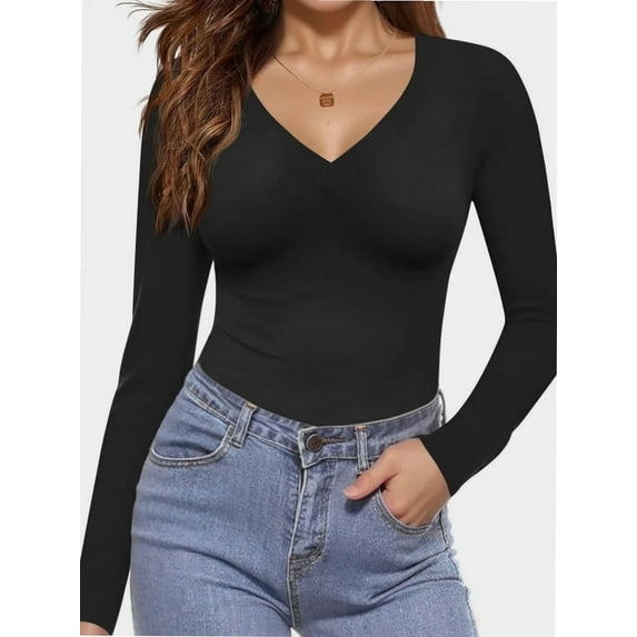 Long Sleeve Shirts for Women V Neck Basics Tops Lightweight Base Layer Slim Fit Top Undershirts