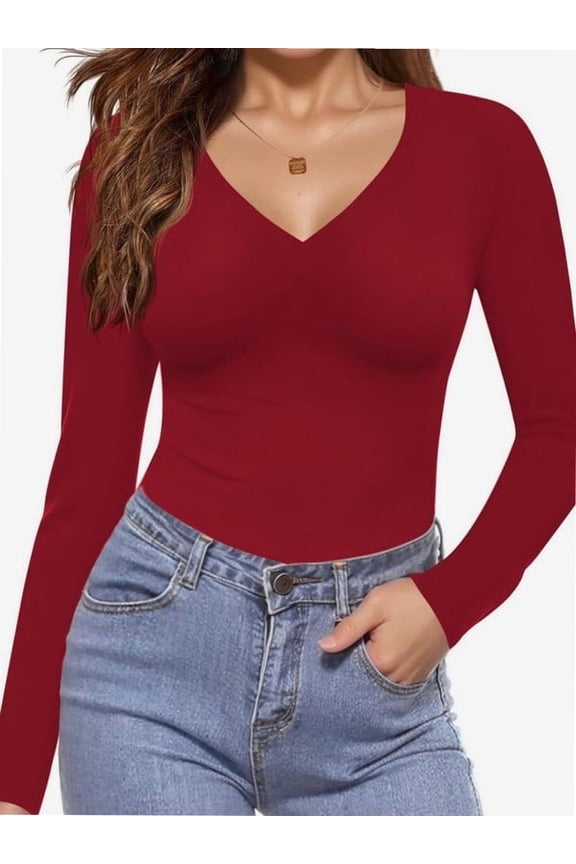 Long Sleeve Shirts for Women V Neck Basics Tops Lightweight Base Layer Slim Fit Top Undershirts