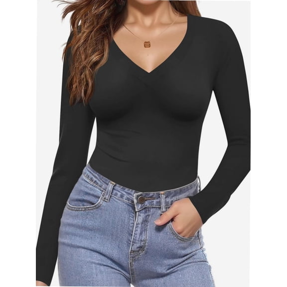 Long Sleeve Shirts for Women V Neck Basics Tops Lightweight Base Layer Slim Fit Top Undershirts