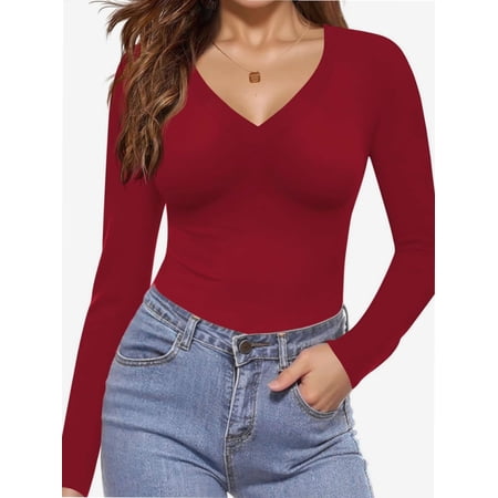 Long Sleeve Shirts for Women V Neck Basics Tops Lightweight Base Layer Slim Fit Top Undershirts