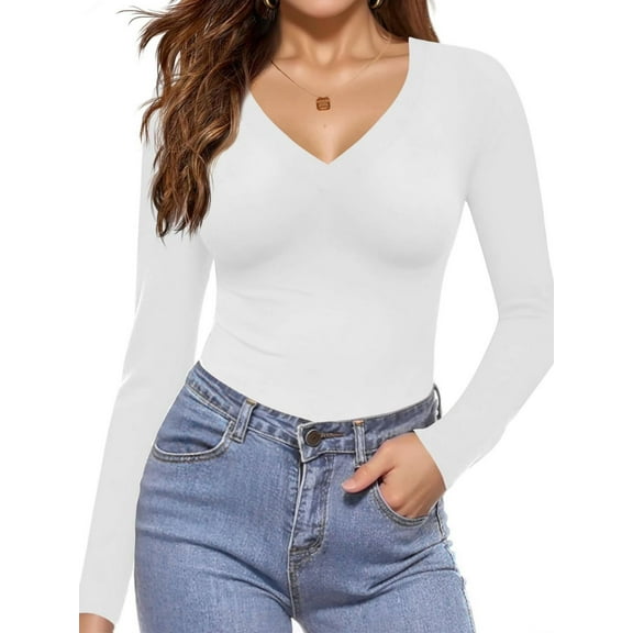 Long Sleeve Shirts for Women V Neck Basics Tops Lightweight Base Layer Slim Fit Top Undershirts