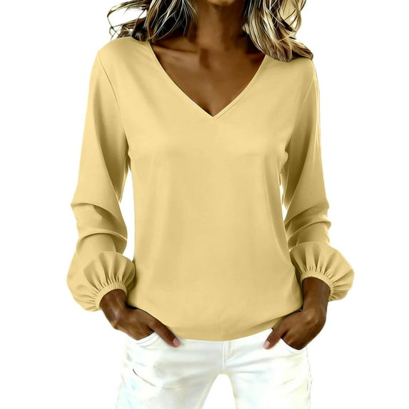 Long Sleeve Shirts for Women V Neck Bell Long Sleeve Loose Casual Daily Blouse Womens Shirts Dressy Casual Yellow Xl