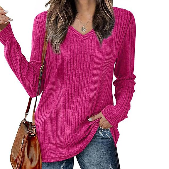 Long Sleeve Shirts for Women V Neck Casual Business Blouses 2025 Fall Tops Trendy Hot Pink S