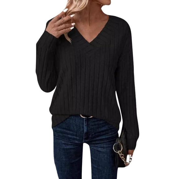 Long Sleeve Shirts for Women V Neck Casual Fall Tops Loose Fit Lightweight Sweaters Tunic Fashion 2025 Clothes Black M