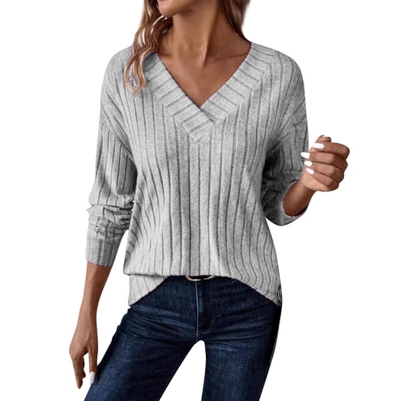 Long Sleeve Shirts for Women V Neck Casual Fall Tops Loose Fit Lightweight Sweaters Tunic Fashion 2025 Clothes Gray M