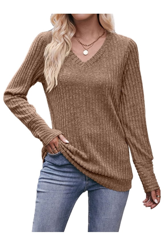 Long Sleeve Shirts for Women V Neck Casual Fall Tops Loose Fit Sweaters Tunic Fashion 2025 Clothes Camel XL