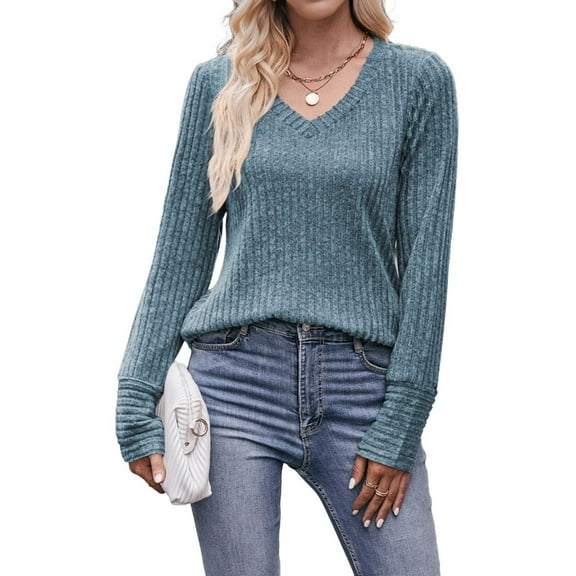 Long Sleeve Shirts for Women V Neck Casual Fall Tops Loose Fit Sweaters Tunic Fashion 2025 Clothes Gray Blue L