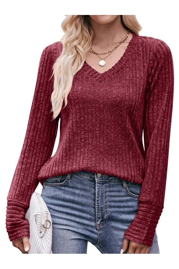 Long Sleeve Shirts for Women V Neck Casual Fall Tops Loose Fit Sweaters Tunic Fashion 2025 Clothes Wine Red M
