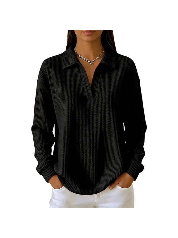 Long Sleeve Shirts for Women V Neck Collared Waffle Knit Loose Fit Cute Tops, XL