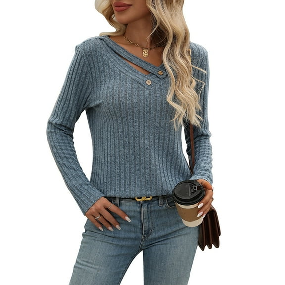 Long Sleeve Shirts for Women V Neck Fall Sweaters Dressy Casual Basic Tops Trendy Pullover Gray Blue XL