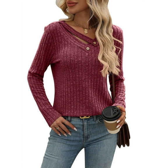 Long Sleeve Shirts for Women V Neck Fall Sweaters Dressy Casual Basic Tops Trendy Pullover Wine Red L