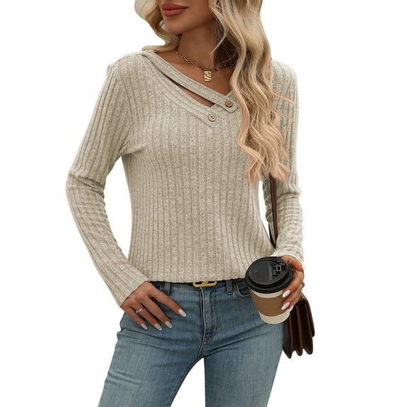 Long Sleeve Shirts for Women V Neck Fall Sweaters Dressy Casual Basic Tops Trendy Pullover XL