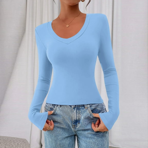Long Sleeve Shirts for Women V Neck Fitted Fall Basic Tshirts Going Out Tops 2025 Casual Trendy Clothes Light Blue M