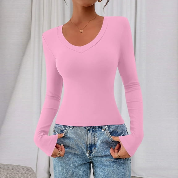 Long Sleeve Shirts for Women V Neck Fitted Fall Basic Tshirts Going Out Tops 2025 Casual Trendy Clothes Pink S