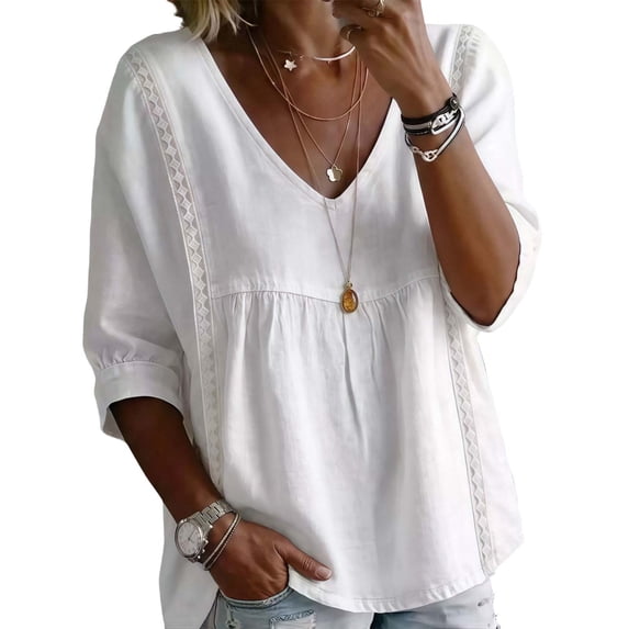Long Sleeve Shirts for Women V Neck Peplum Blouse Side Lace Panel long Cuffed Sleeve Loose Casual Top White L