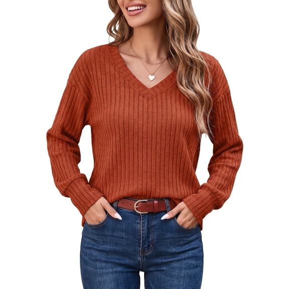 Long Sleeve Shirts for Women V Neck Ribbed Knit Relaxed Fit Fall Casual Sweaters Tunics Tops