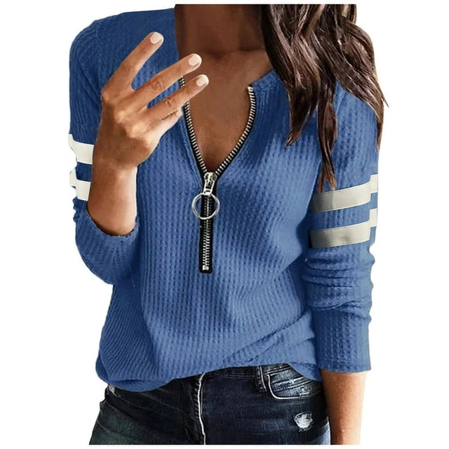 Long Sleeve Shirts for Women V Neck Shirt Zipper Knit Loose Fitting ...
