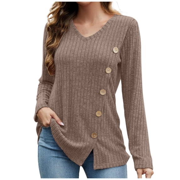 Long Sleeve Shirts for Women V Neck Side Split Solid Color Fashion Knit Tunic Tops Comfy Lightweight Loose Tees
