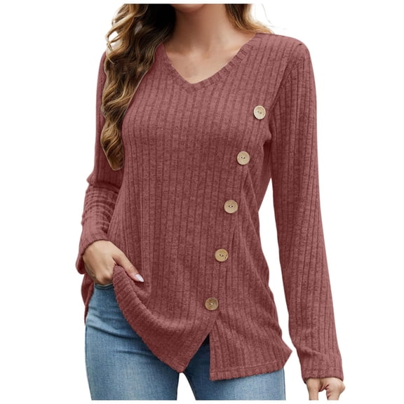Long Sleeve Shirts for Women V Neck Side Split Solid Color Fashion Knit Tunic Tops Comfy Lightweight Loose Tees