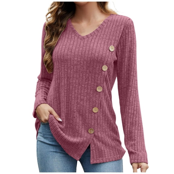 Long Sleeve Shirts for Women V Neck Side Split Solid Color Fashion Knit Tunic Tops Comfy Lightweight Loose Tees