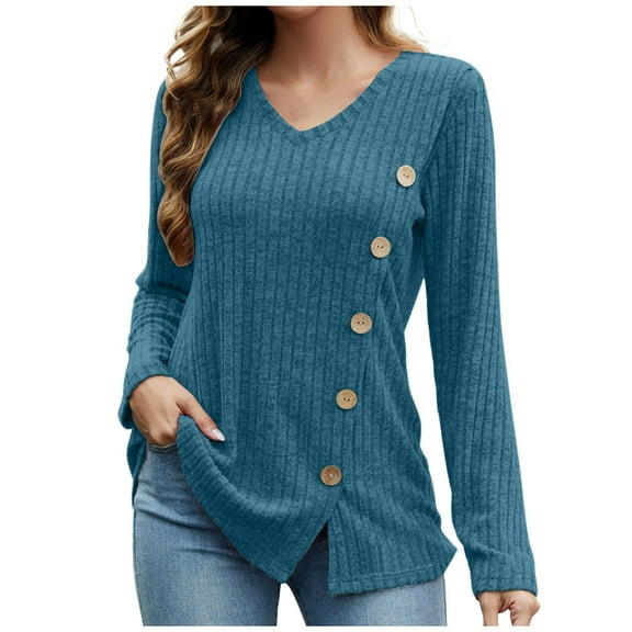 Long Sleeve Shirts for Women V Neck Side Split Solid Color Fashion Knit Tunic Tops Comfy Lightweight Loose Tees