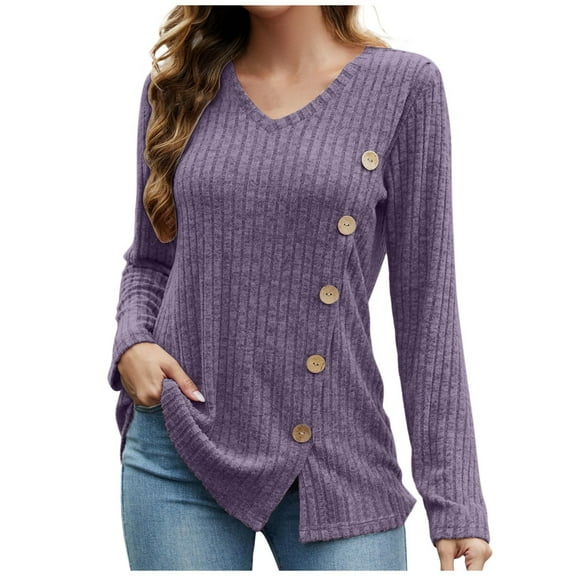 Long Sleeve Shirts for Women V Neck Side Split Solid Color Fashion Knit Tunic Tops Comfy Lightweight Loose Tees