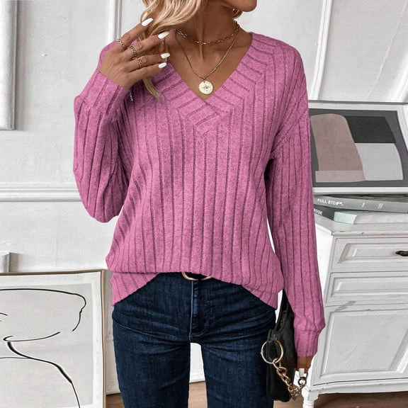 Long Sleeve Shirts for Women V Neck Sweaters Fall Fashion Outfits 2025 Tunic Tops Lightweight Hot Pink S
