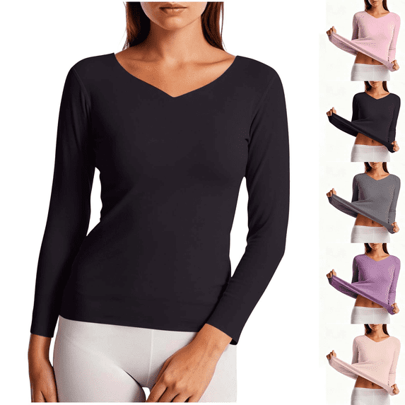Long Sleeve Shirts for Women V Neck Thermal Underwear Tops Double Brushed Seamless Soft Warm Fall Winter Base Layer,Sizes S-3XL