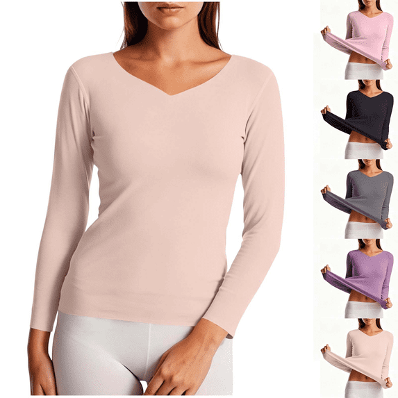 Long Sleeve Shirts for Women V Neck Thermal Underwear Tops Double Brushed Seamless Soft Warm Fall Winter Base Layer,Sizes S-3XL