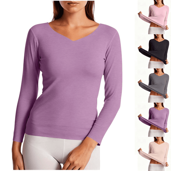 Long Sleeve Shirts for Women V Neck Thermal Underwear Tops Double Brushed Seamless Soft Warm Fall Winter Base Layer,Sizes S-3XL