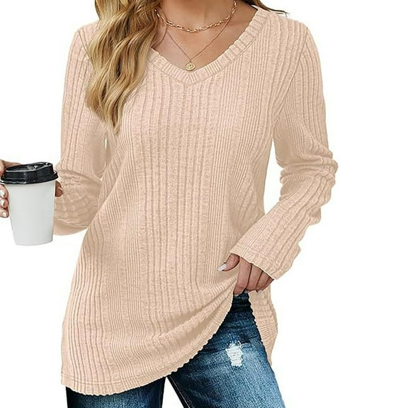 Long Sleeve Shirts for Women V Neck Tops Tunic Casual Blouses Comfy Tee Womens Top Winter Clothes 2025 Beige M