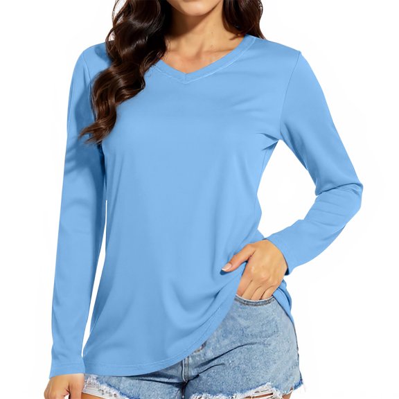 Long Sleeve Shirts for Women V Neck Tops Tunic Casual Blouses Comfy Tee Womens Top Winter Clothes Blue S
