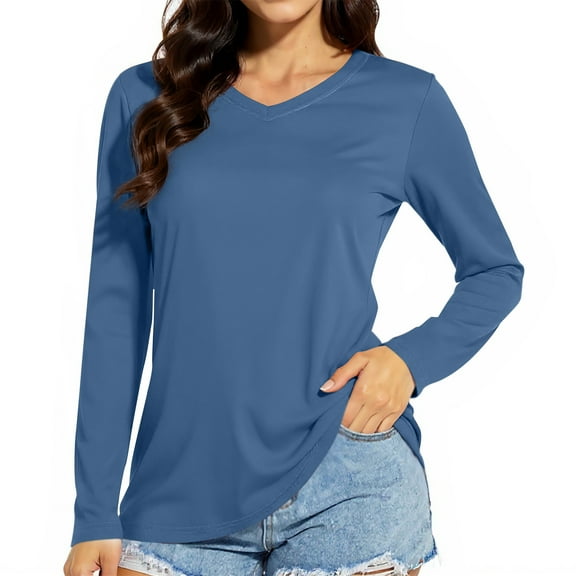 Long Sleeve Shirts for Women V Neck Tops Tunic Casual Blouses Comfy Tee Womens Top Winter Clothes Dark Blue S