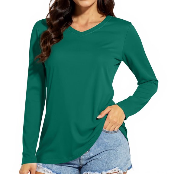 Long Sleeve Shirts for Women V Neck Tops Tunic Casual Blouses Comfy Tee Womens Top Winter Clothes Dark Green S