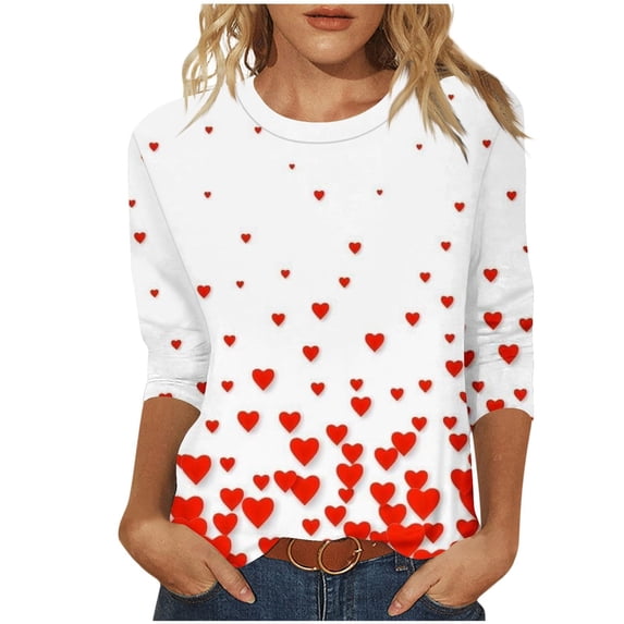 Long Sleeve Shirts for Women Valentineday Print 3/4 Sleeve T Shirt Casual Round Neck Tee