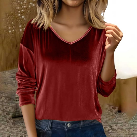 Long Sleeve Shirts for Women Velvet Tops For Women Loose Fit Casual Velvet Shirts V Neck Cute Top Long Sleeve Womens Elegant Blouses Red