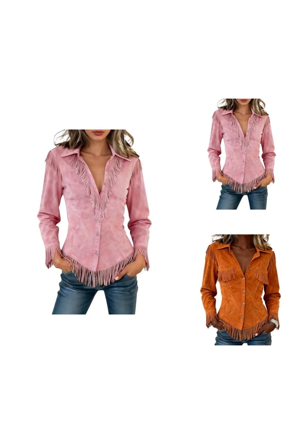 Long Sleeve Shirts for Women Western Cowgirl Suede Fringe Button Lapel Collar Blouse Country Concert 2026 Trendy Tops