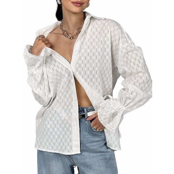 Long Sleeve Shirts for Women Western Shirts White Button Down Shirt Oversized Long Puff Sleeve Blouse Shirt White L