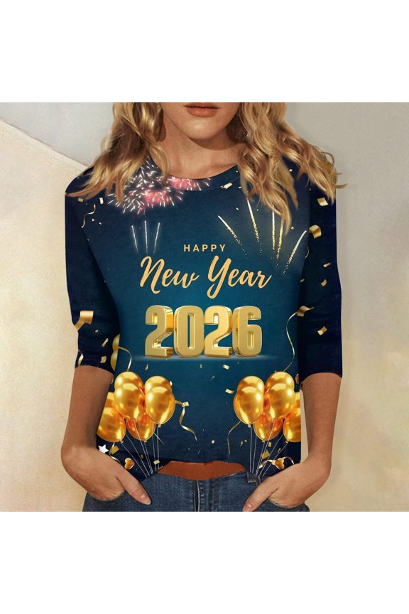 Long Sleeve Shirts for Women Women's 2026 T Shirt Casual 3/4 Sleeve Graphic Tees New Years Countdown Tops Navy