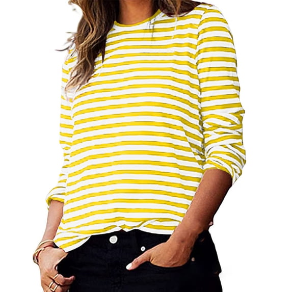 Long Sleeve Shirts for Women Women's Casual Striped Long Sleeve Tops Crew Neck Knit Ribbed Basic T Shirts Yellow